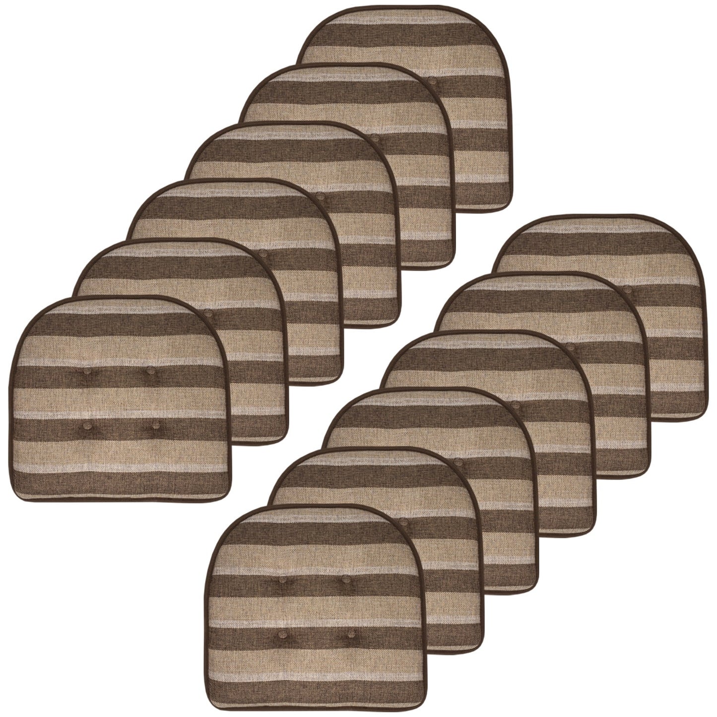 Sweet Home Collection Bradford Striped U Shaped Memory Foam Non Slip Chair Pad - Chocolate/Beige, 12 Pack
