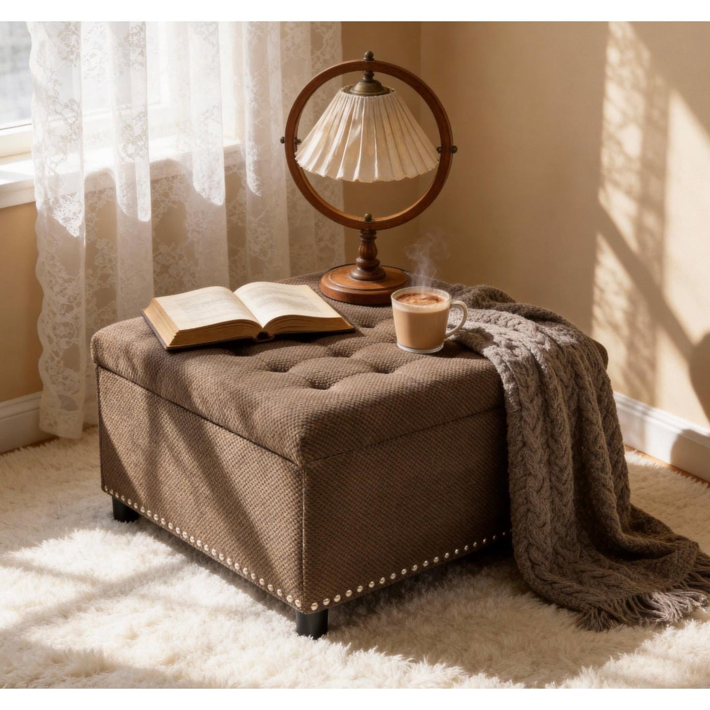 Tufted Storage Ottoman with Nailhead Trim, Square Footstool with Hidden Storage Compartment, Upholstered Coffee Table for Living Room, Bedroom, Dark Brown