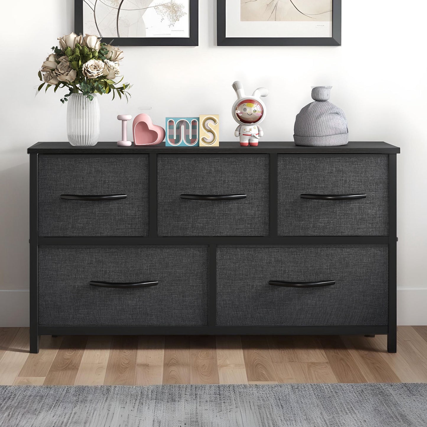 Uforic Cómoda de 5 Cajones de Tela, Amplia Cómoda con Superficie de Madera para Sala de Estar, Pasillo, Negro