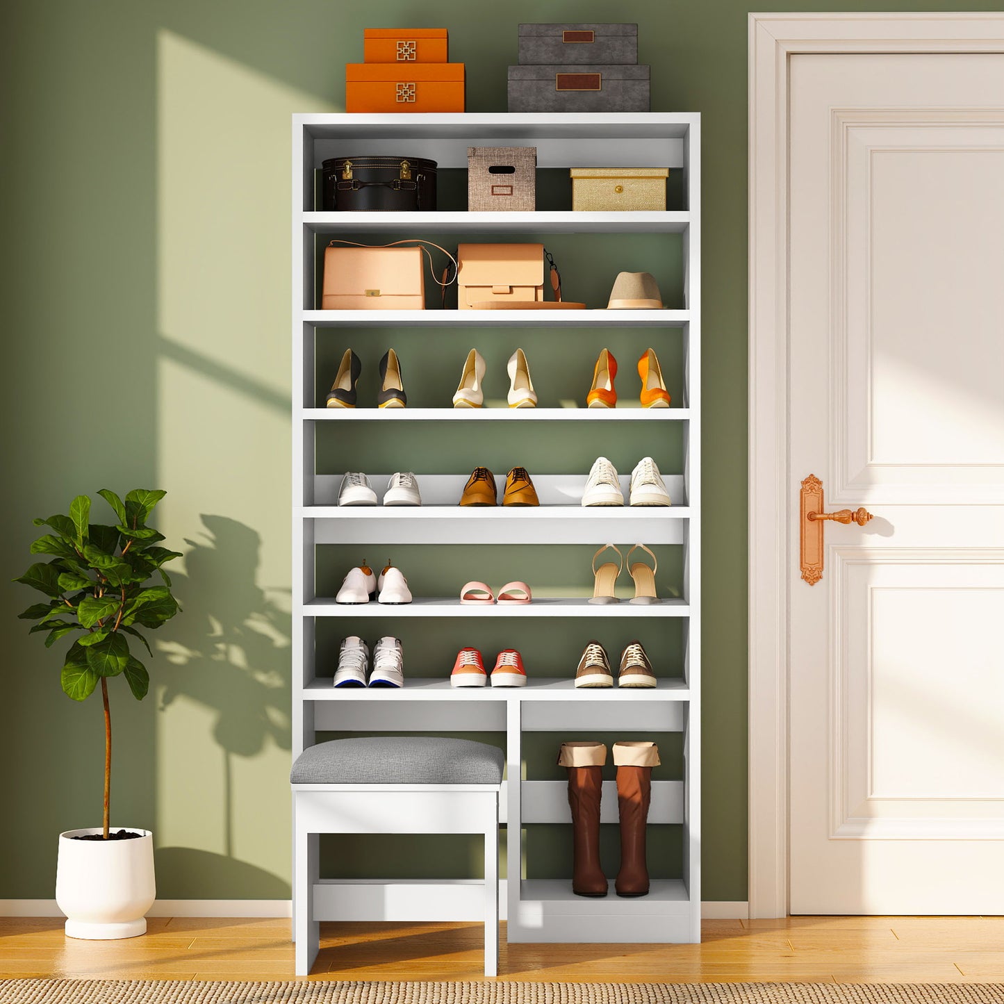 Uforic 8-Tier Entryway Shoe Storage Bench, Multi-Level Shoe Cabinet with Large Boot Storage, Ideal for Home and Living Room,White