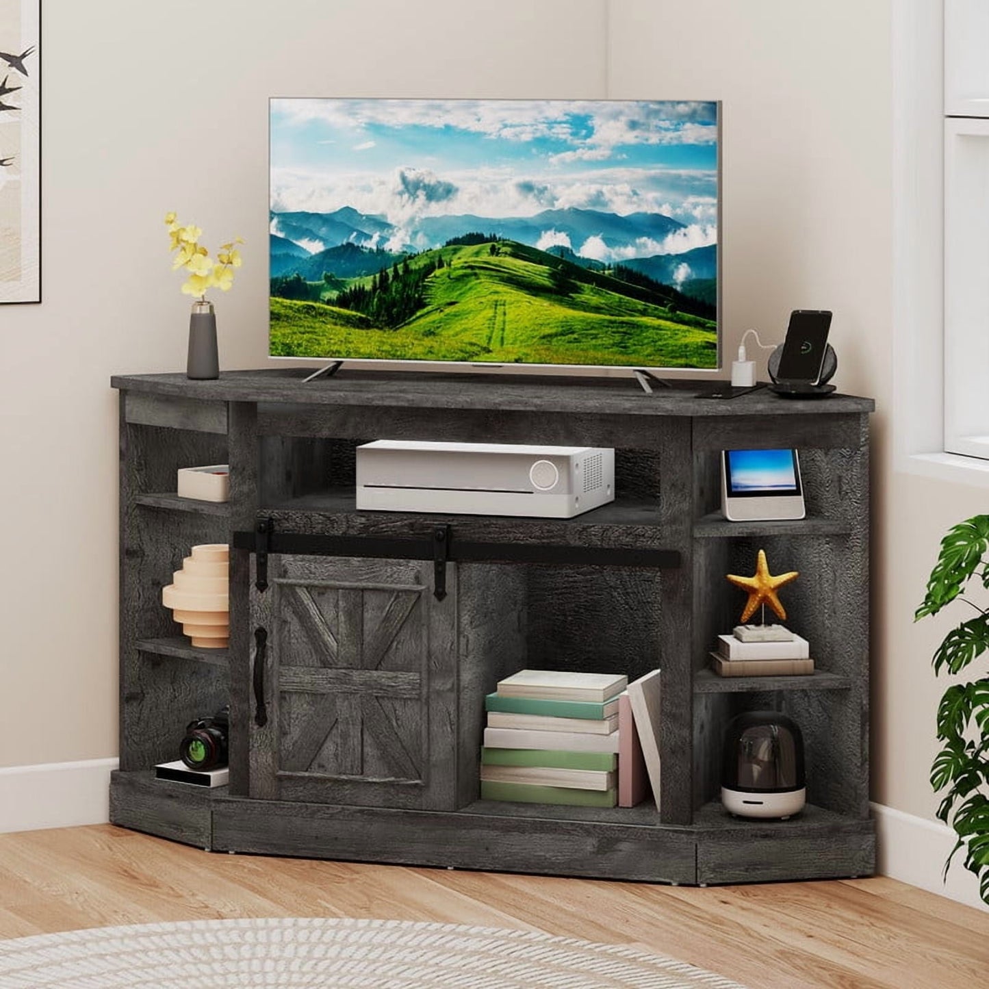 Uforic Farmhouse Corner TV Stand for 50" TV, Entertainment Center with Sliding Barn Door, Dark Gray