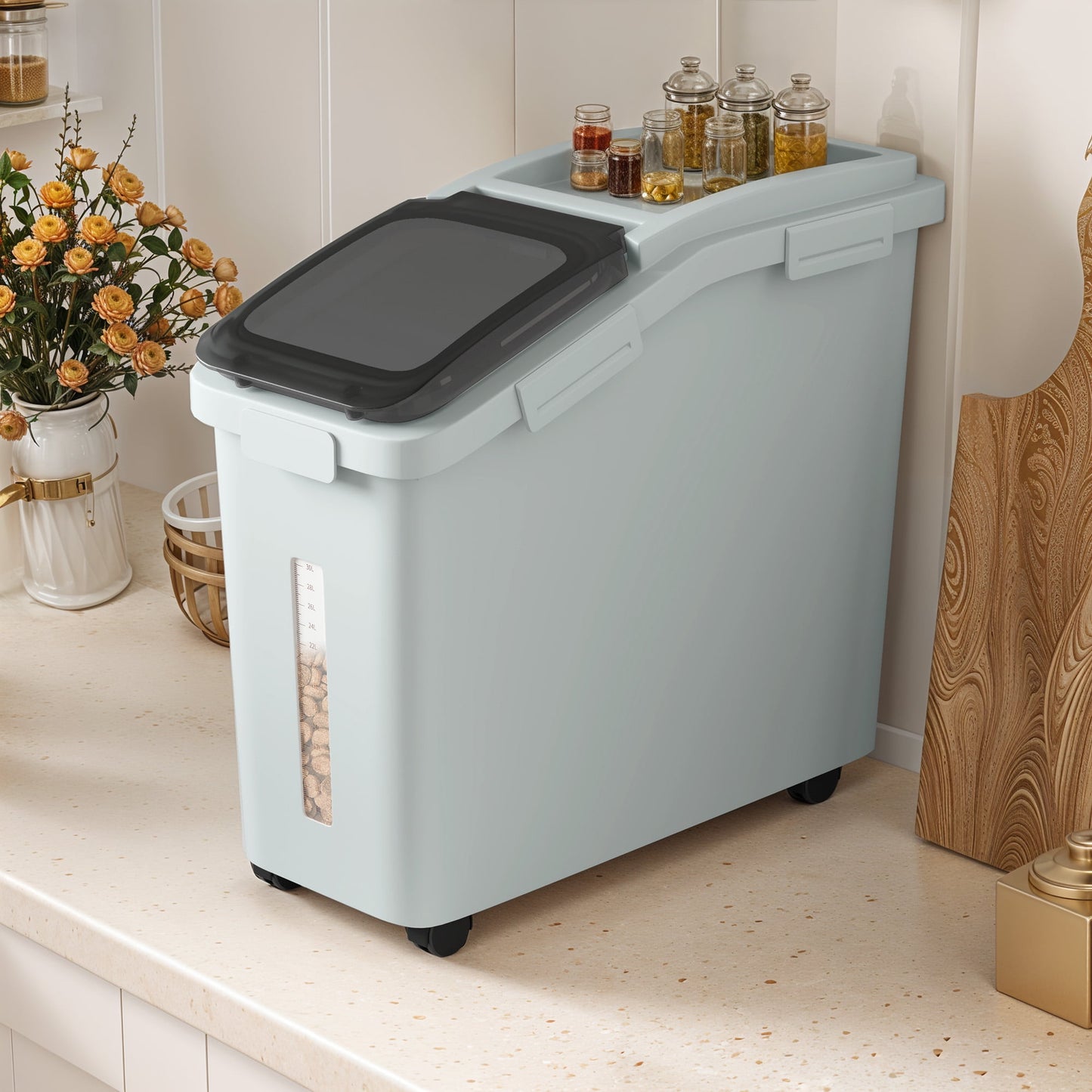 Uforic Rolling Food Storage Container with Clear Lid - 11.4 Gallon Capacity, Gray