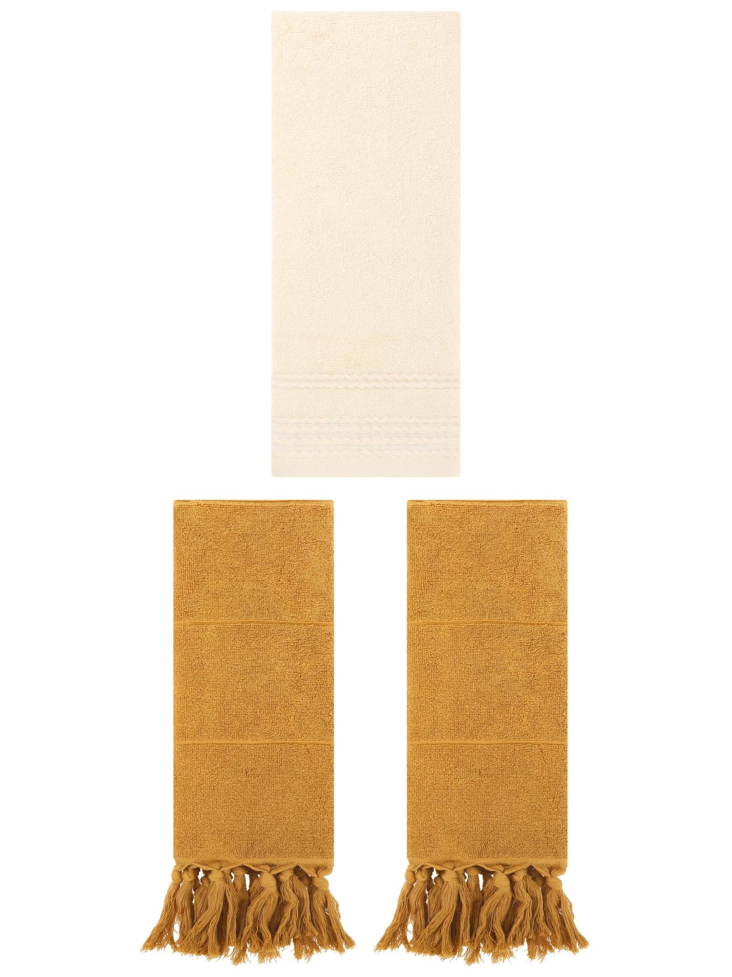 Unique Bargains 3 Pack Striped Tassels Hand Towels for Bathroom 14" x 30" Yellow/Beige