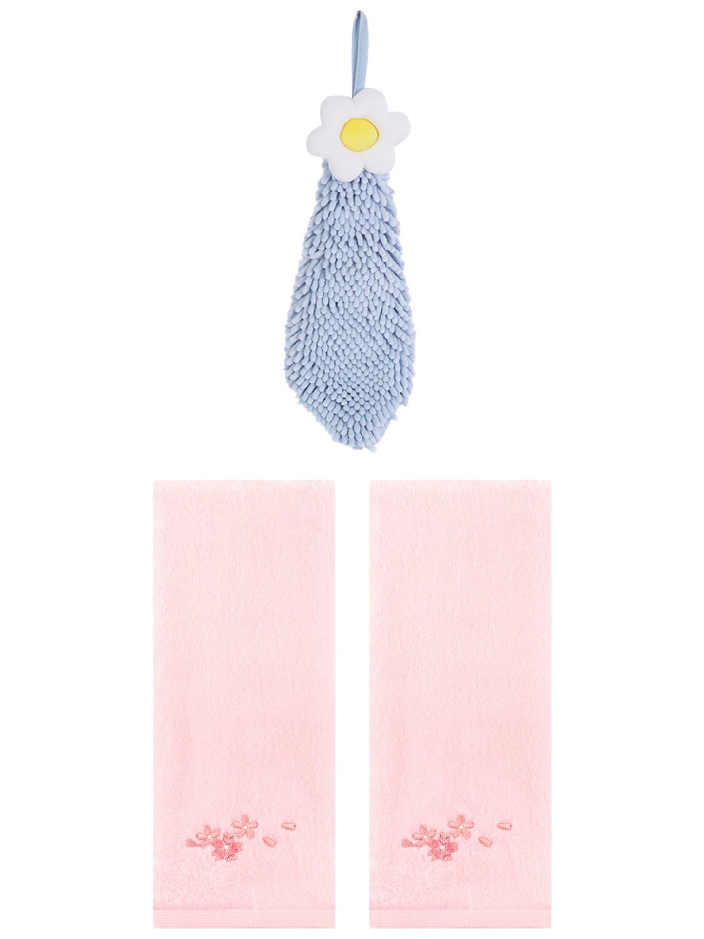 Unique Bargains 3 Pcs Cotton Soft Floral Hand Towels Pink/Blue-1 13" x 29"/6" x 15"