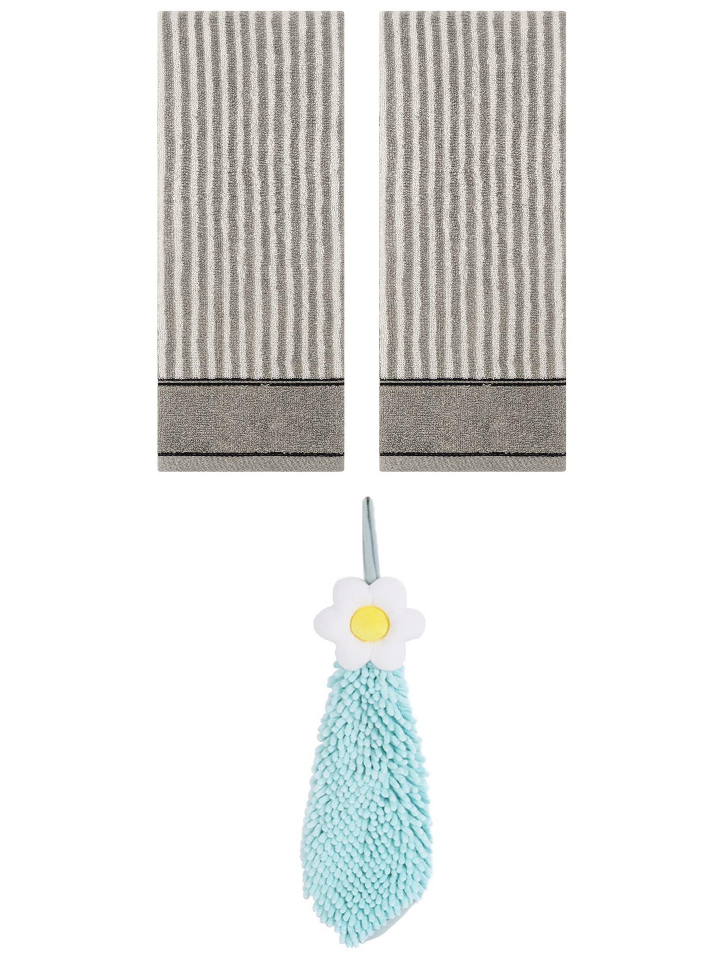 Unique Bargains 3 Pcs Soft Striped Hand Towels Grey/Green 13" x 29"/6" x 15"