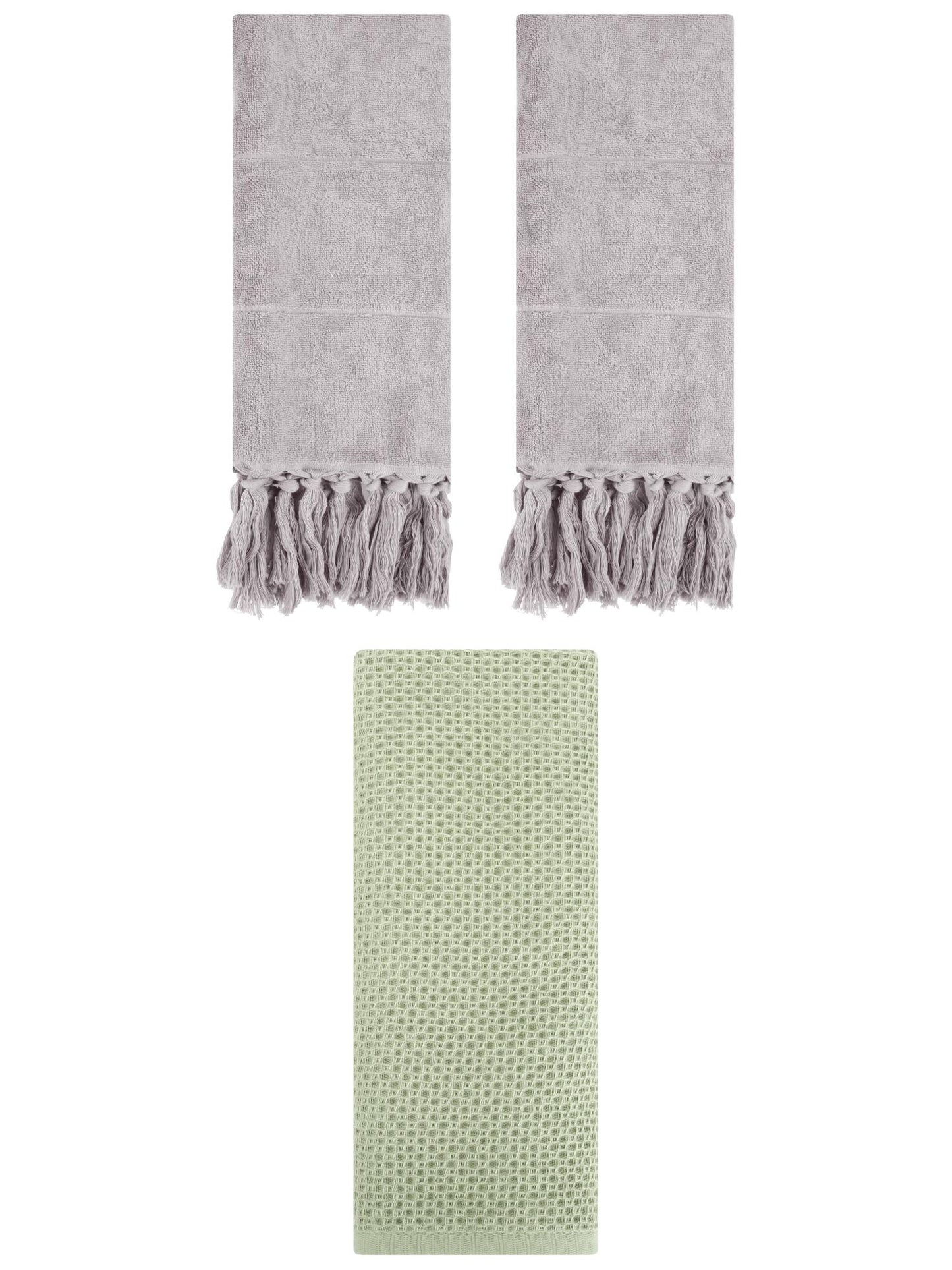 Unique Bargains 3 Pcs Soft Tassels Waffle Hand Towel Grey/Light Green 14"x30"/13"x30"