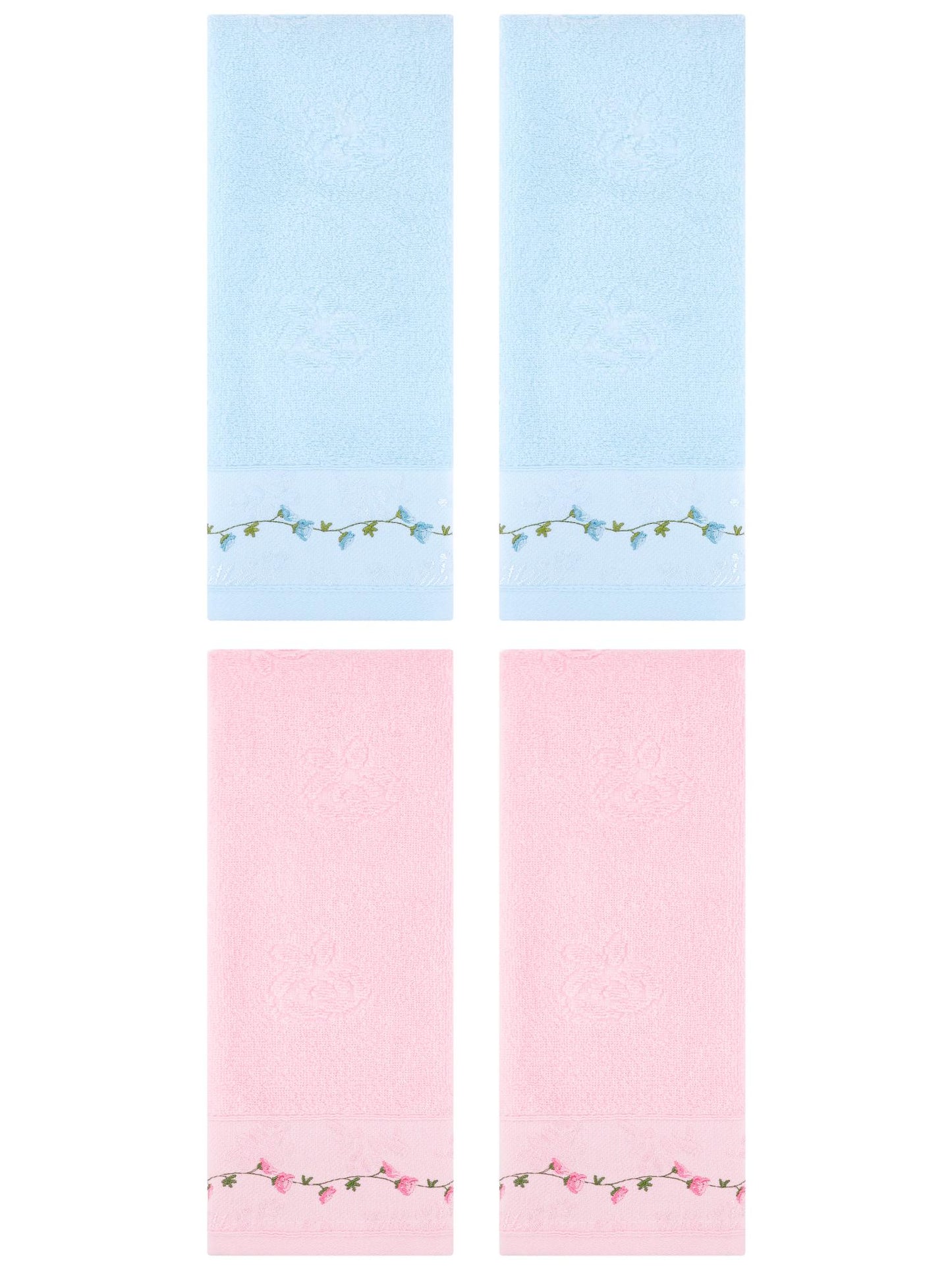Unique Bargains 4 Pcs Floral Embroidered Soft Hand Towels 13" x 29" Pink/Blue