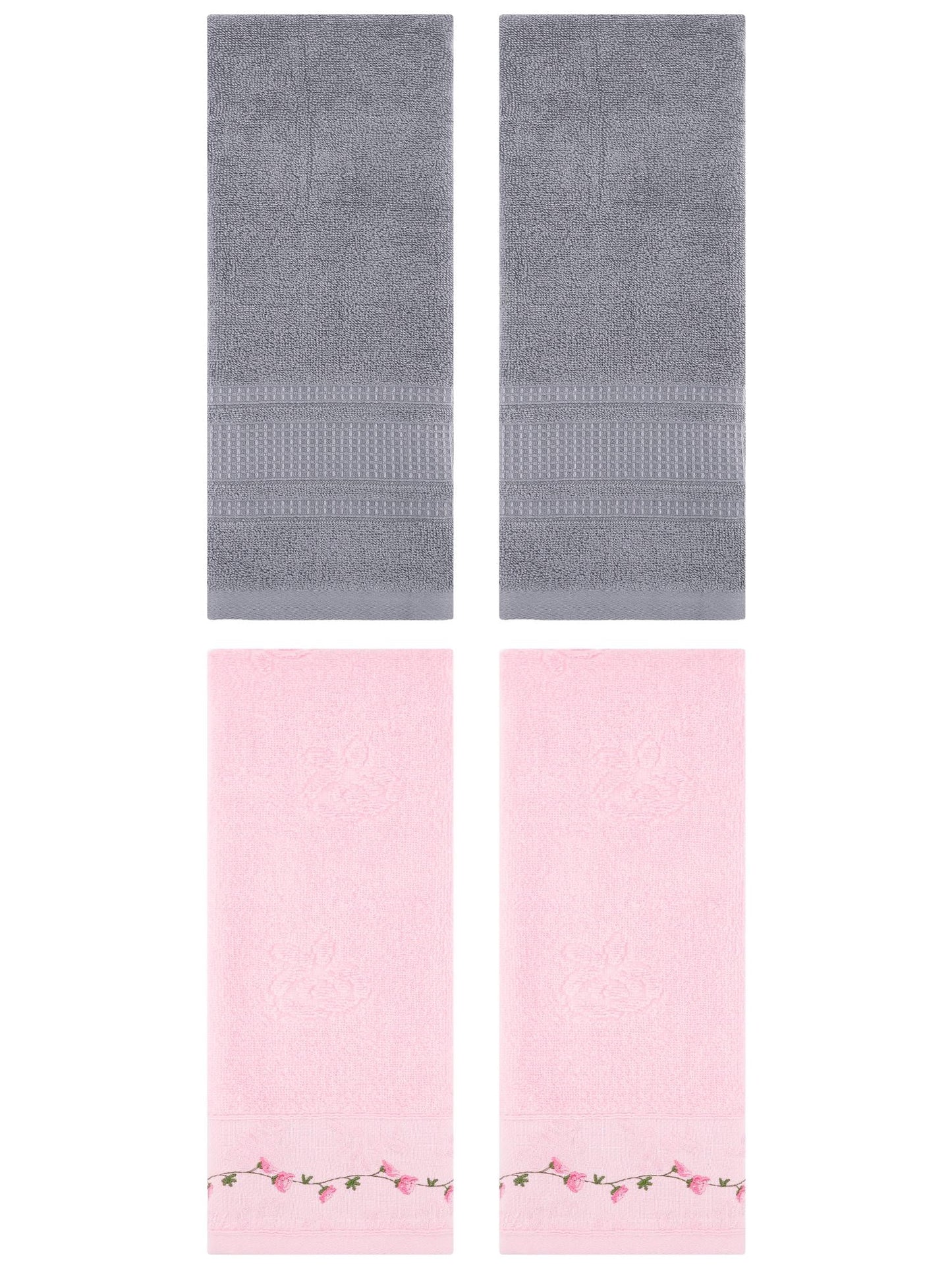 Unique Bargains 4 Pcs Soft Embroidered Hand Towels 13" x 29" Pink/Grey