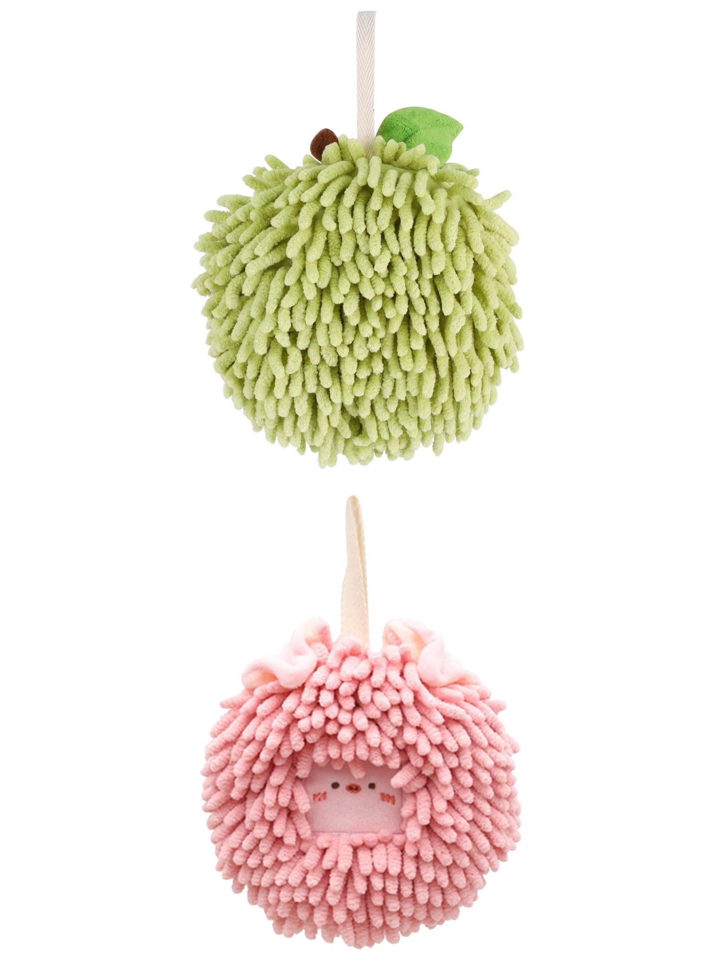 Unique Bargains Soft Chenille Ball Hand Towels 2 Pcs Green/Pink 6" x 6"/7" x 7"