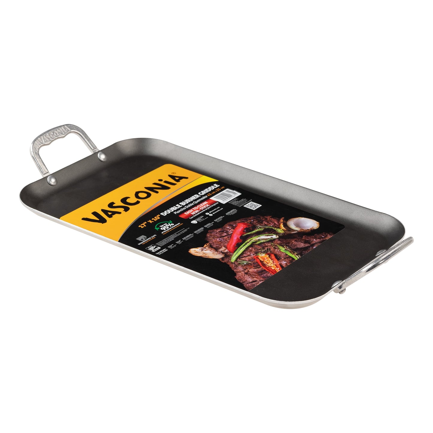 Vasconia 17x10 Inch Nonstick Aluminum Double Burner Griddle, Oven Safe 350°F, Dishwasher Safe