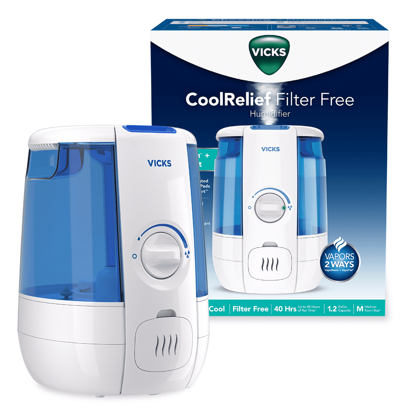 Vicks 1.2 gal 400 sq ft Cool Relief Filter Free Ultrasonic Humidifier, VUL600
