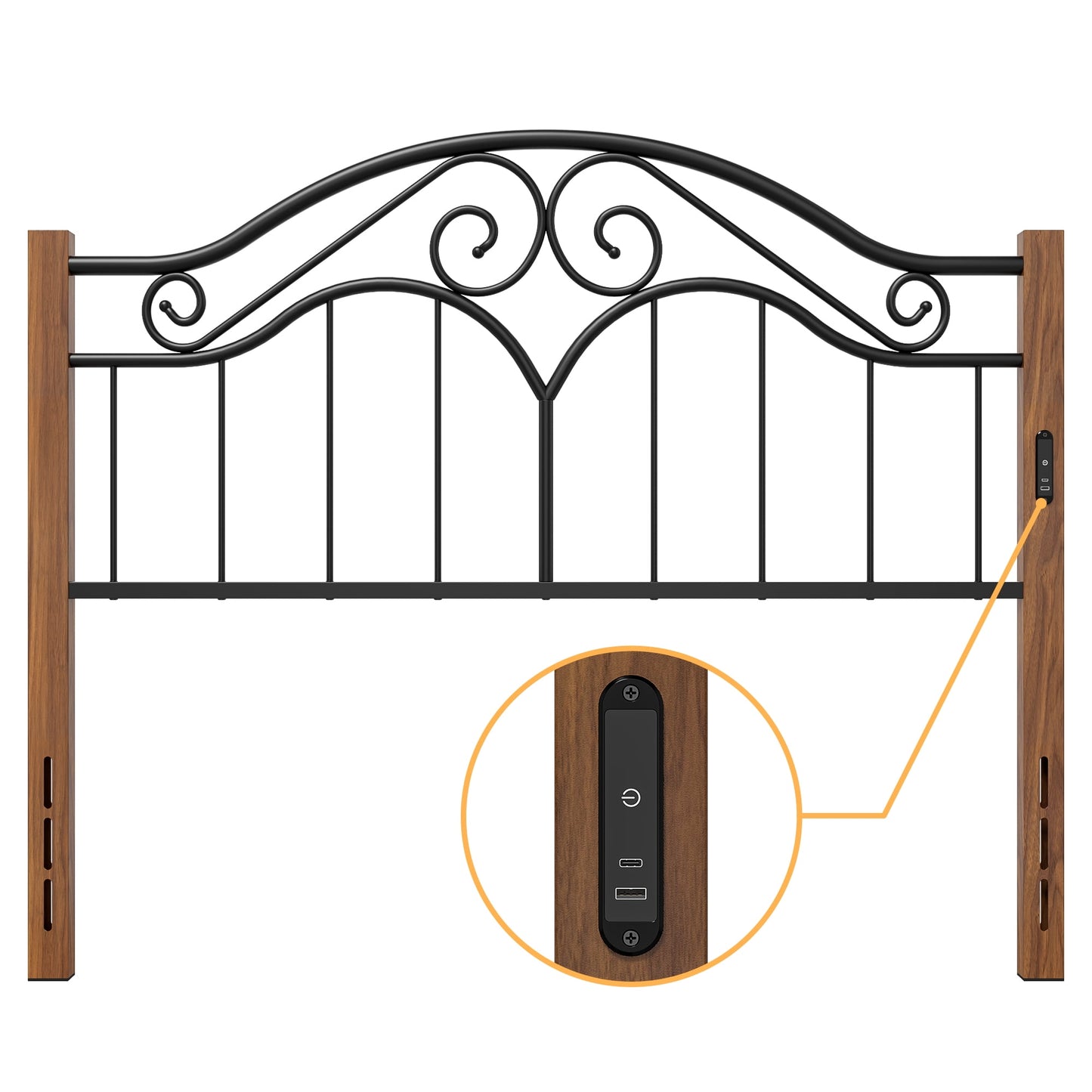 Yoneston Cabecera de Metal con Vetas de Madera Vintage Tamaño Queen con Carga y Diseño de Ajuste de Altura de 3 Niveles, Negro