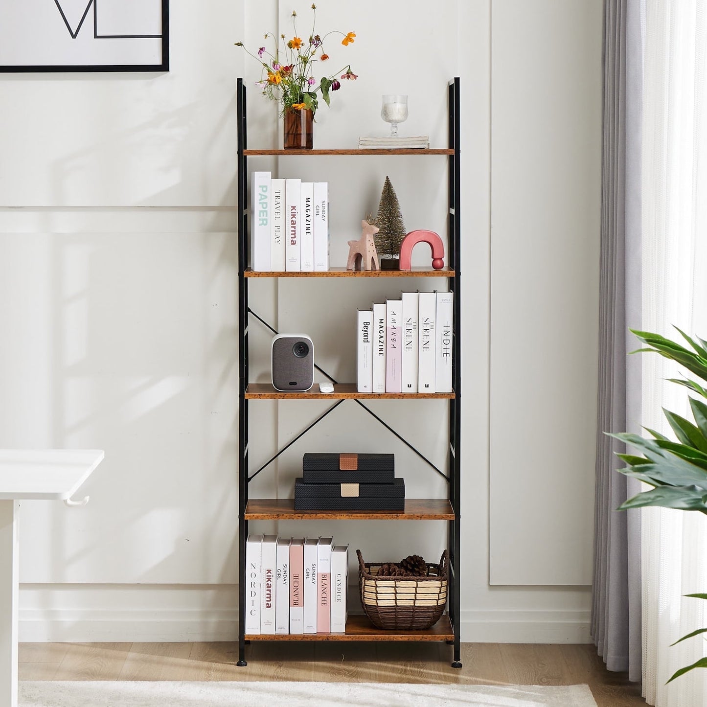 ZUNMOS 5-Tier Bookshelf, Steel Shelf Bookcase, Living Room Bookcase, Storage Shelves, Office, Study, Living Room, 11.8" W x 23.6" D x 62.2 " H, Industrial Style, Rustic Brown
