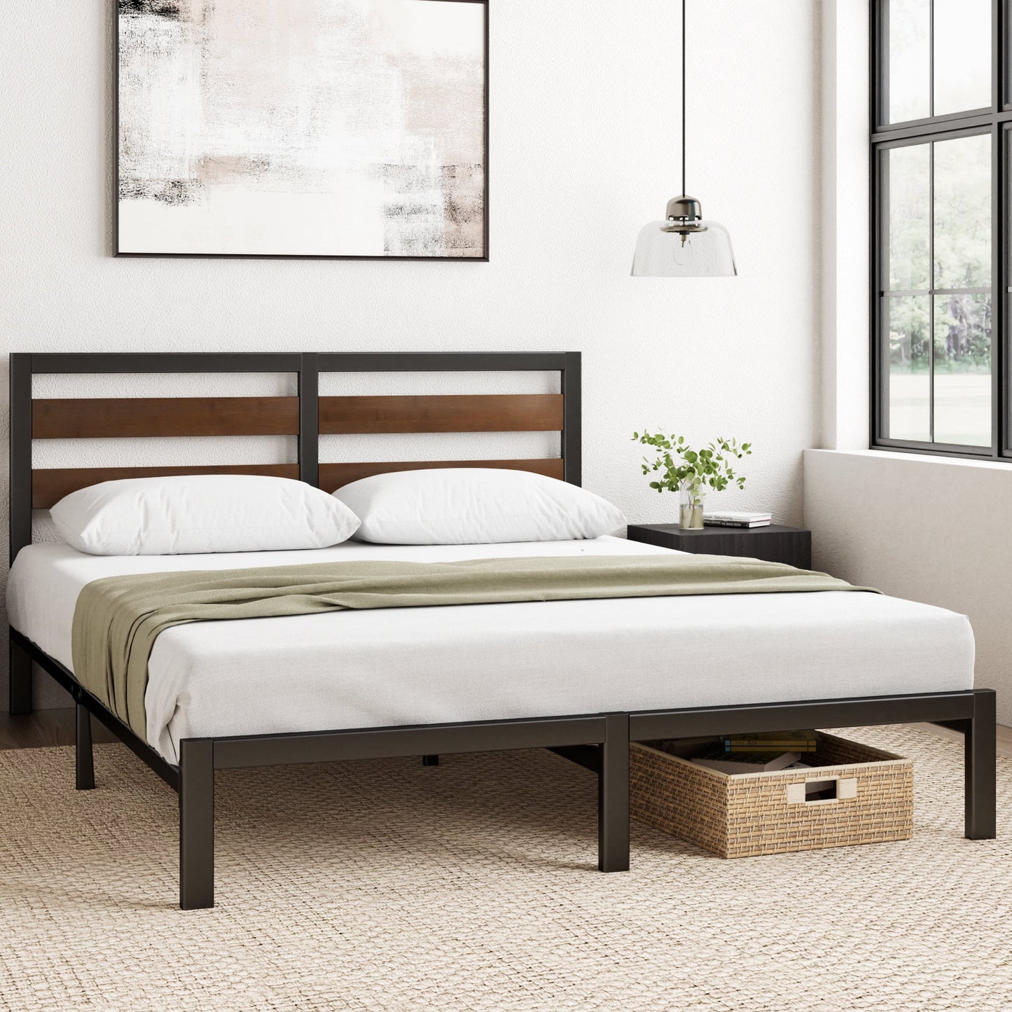 Zinus Base de Cama Tipo Plataforma de Madera de Bambú y Metal Shen de 35", Queen