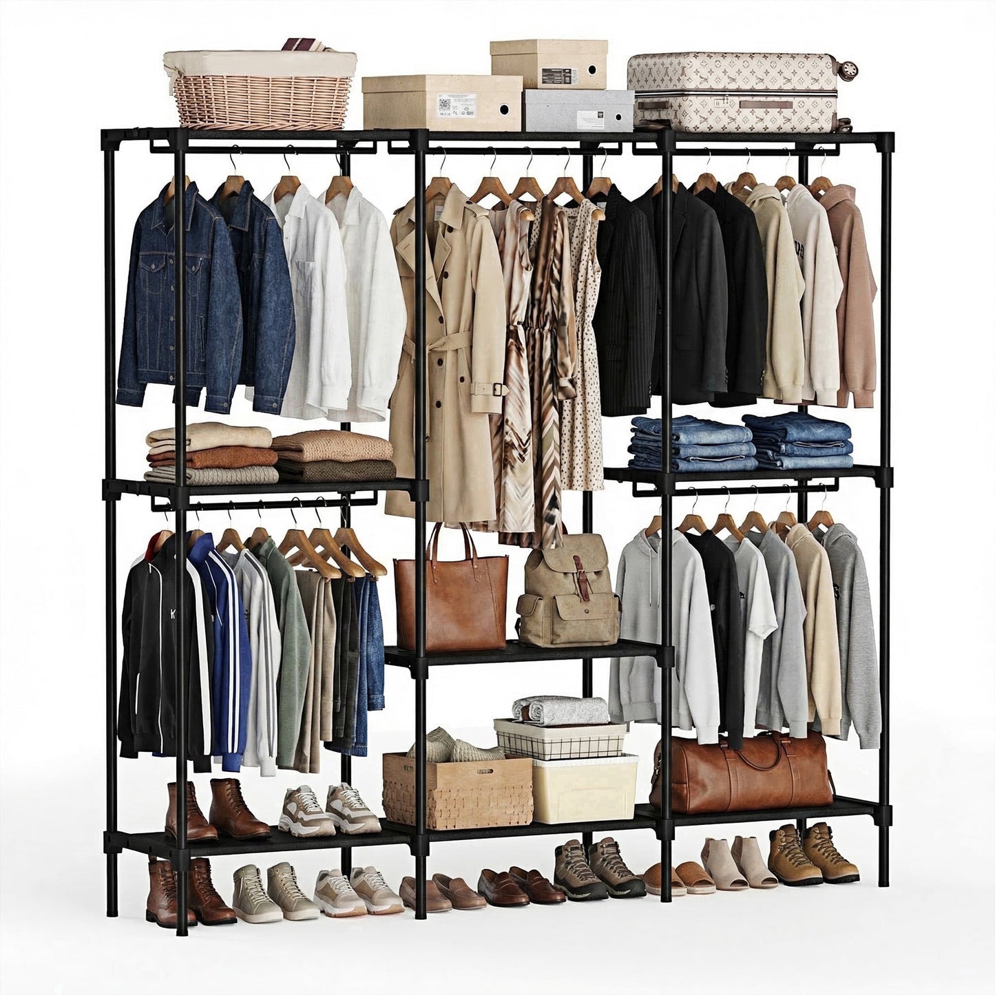 edx 3-Column Portable Closet Wardrobe, 81 inch Heavy Duty Clothes Storage Organizer with Hanging Rods and Shelves for Bedroom, Living Room, Entryway,Black
