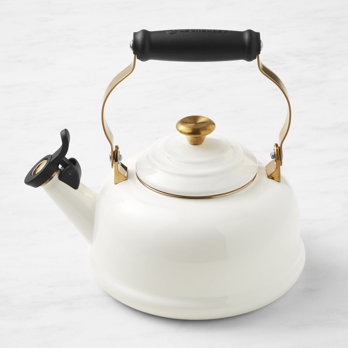 Le Creuset Classic Whistling Tea Kettle,White with Gold Accents,