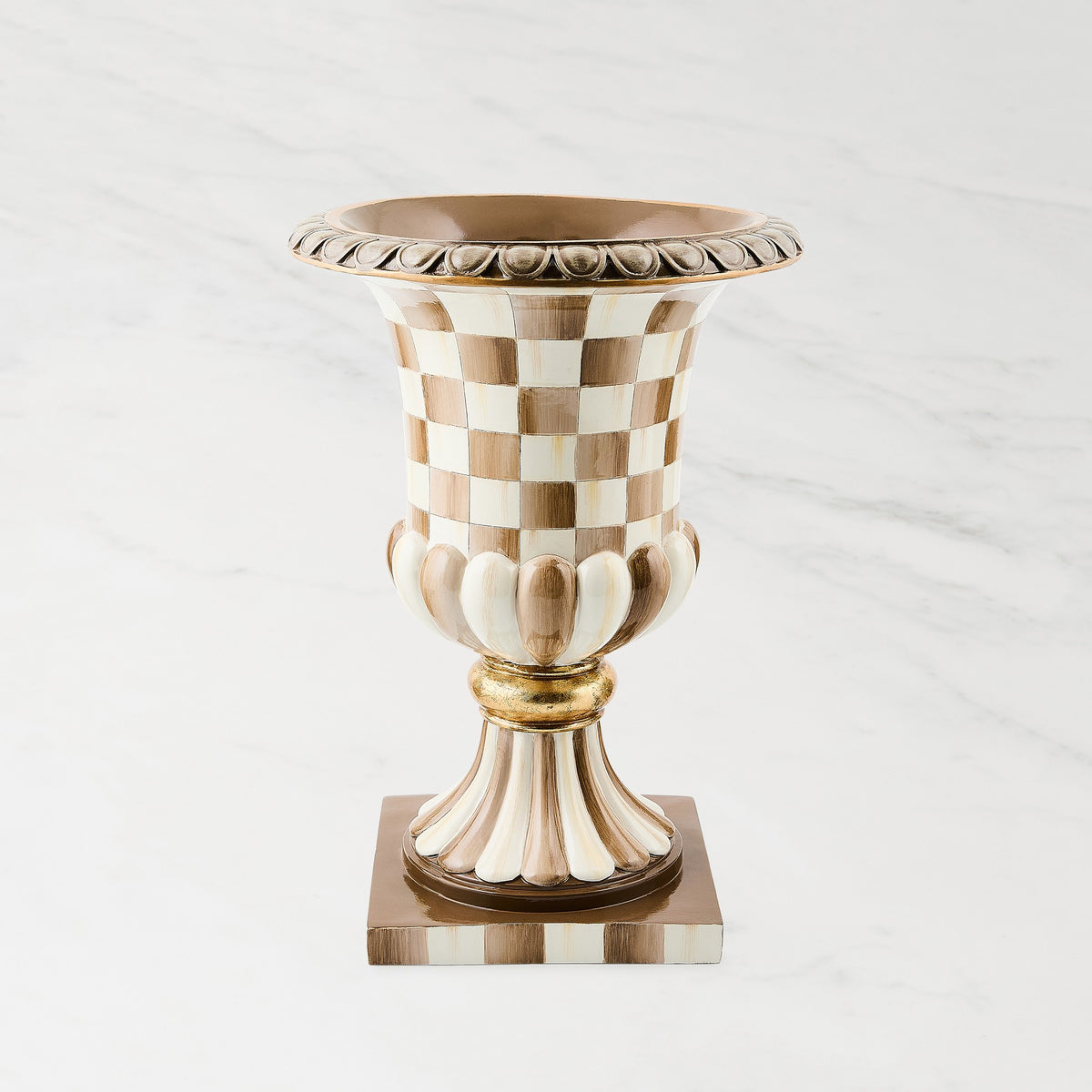 MacKenzie-Childs Mocha Check Tabletop Pedestal Urn,,WSNOADS