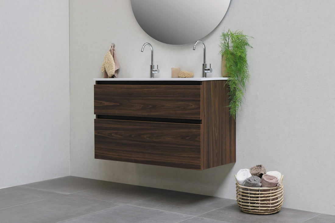 brown woven basket on white ceramic sink