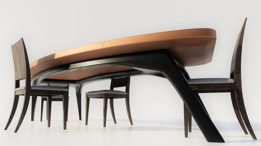 a group of chairs sitting next to a wooden table