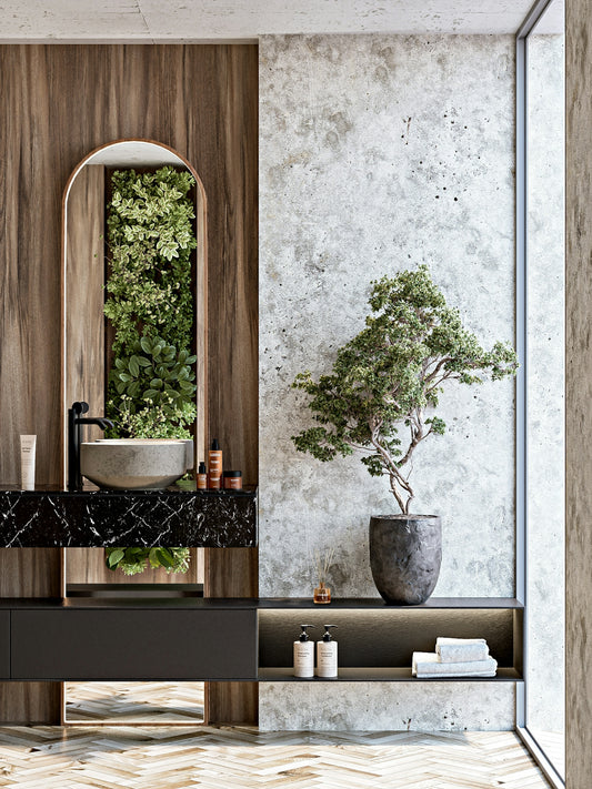 Elegant, modern bathroom with natural accents and plants