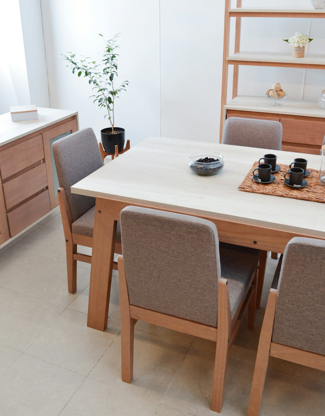 Dining table with chairs and a plant