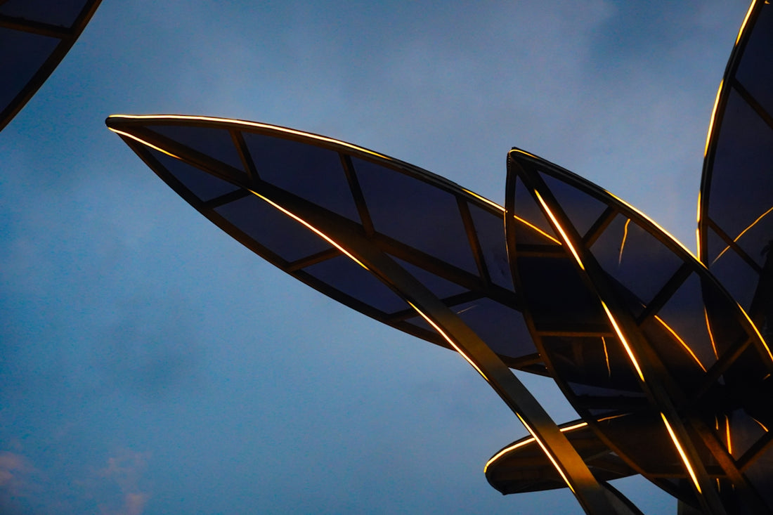Modern architectural structure against a twilight sky
