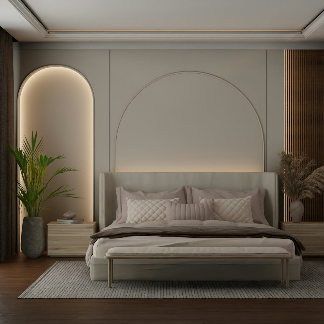 Modern bedroom with arched headboard and neutral decor.