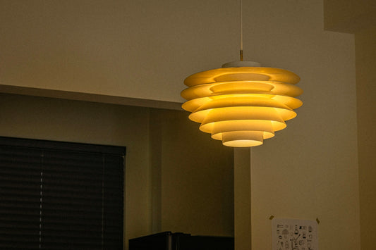 A modern pendant light fixture hangs indoors