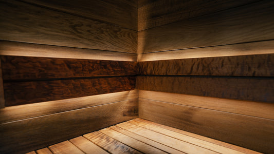 Corner of a wooden sauna with warm ambient lighting