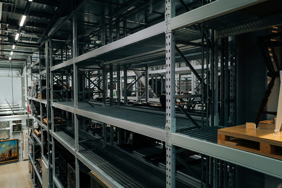 Industrial shelving units with various items stored