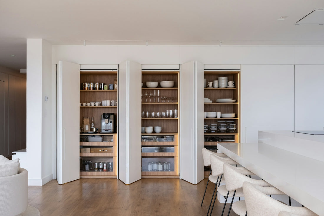 Modern kitchen pantry with organized shelves and appliances