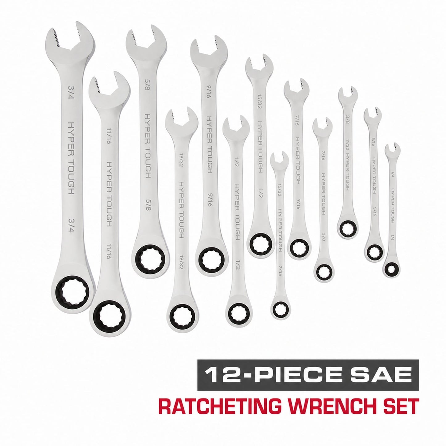 Hyper Tough Ratcheting Wrench Set, SAE, 12 Pieces