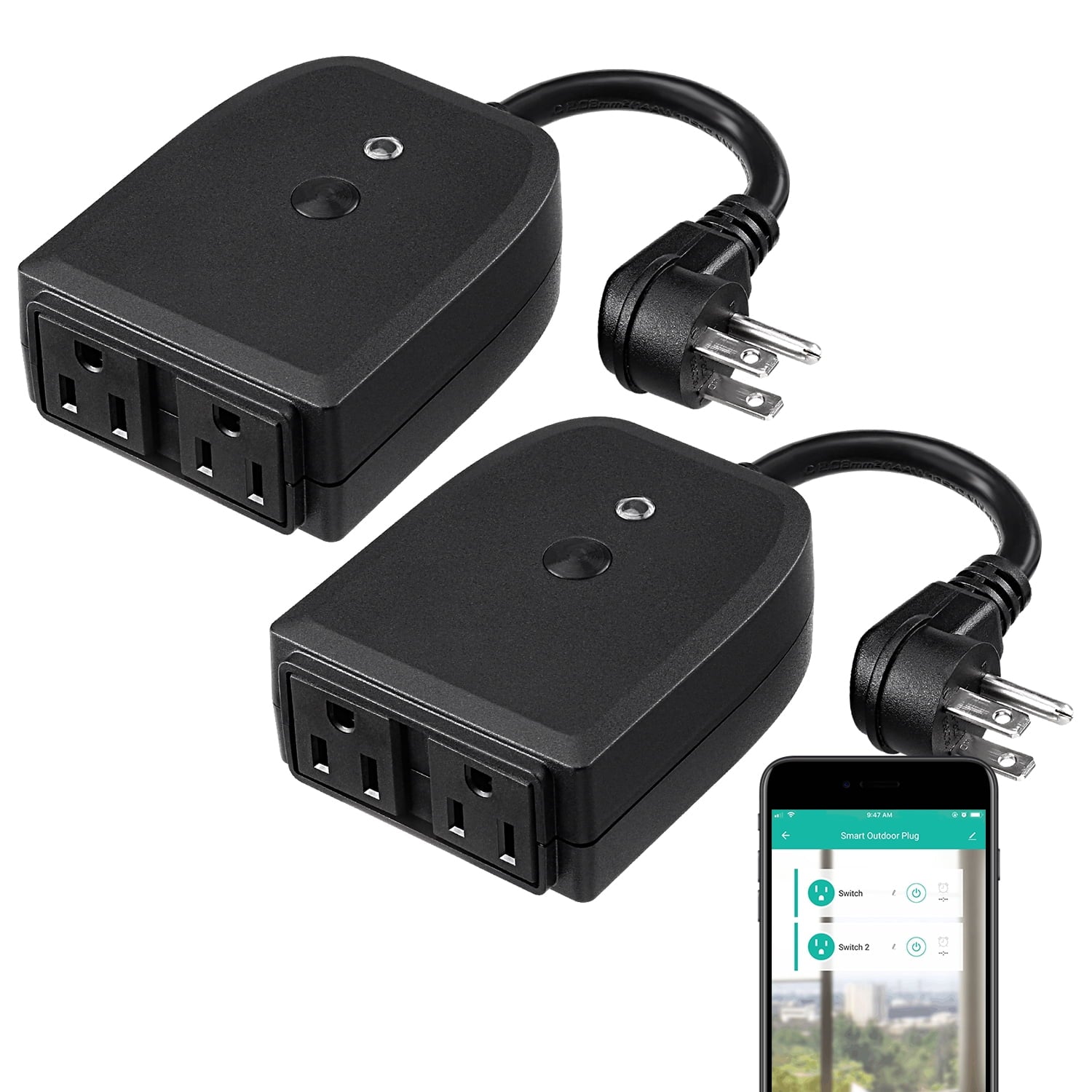 2 Pack Waterproof Smart Plug, 2-in-1 Outdoor WiFi Plug Power Outlet, Compatible with Google Home & Alexa, APP Wireless Remote Control Smart Outlet Socket
