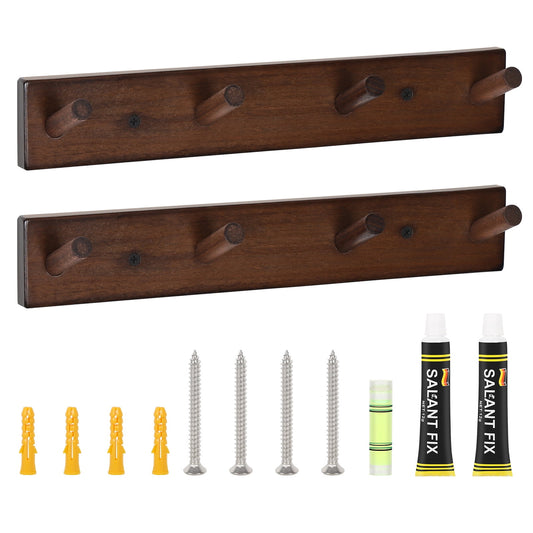 2 Pack Wall Mounted Wood Coat and Hat Rack, 4 Hooks, Dark Brown