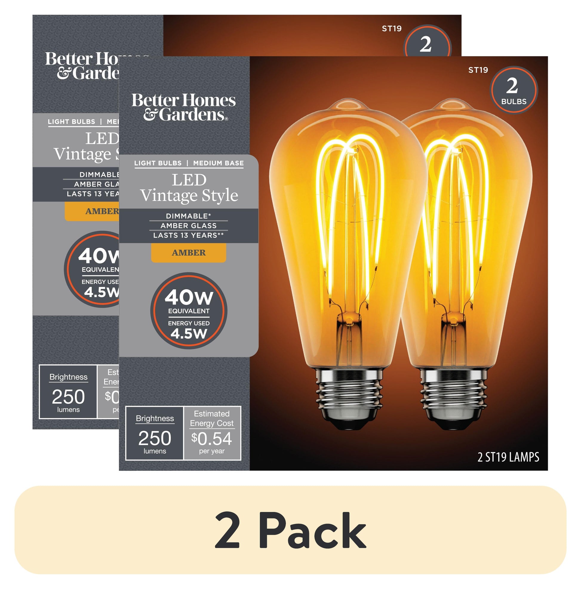 Better Homes & Gardens LED Vintage Light Bulb, ST19 40 W Eqv, Amber Double Hoop Filament, E26, Dim - 2 Pk