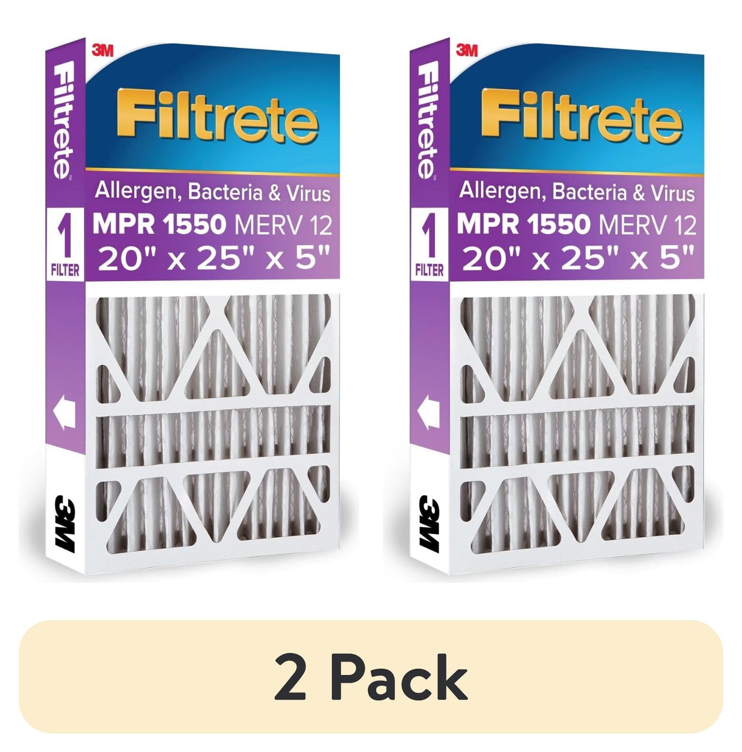 (2 pack) Filtrete 20x25x5 HVAC Furnace Air Filter, MPR 1550 MERV 12, Allergens, Bacteria & Viruses, 1 Filter