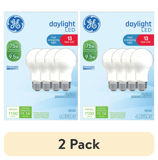 (2 pack) GE LED Light Bulbs, 75 Watt, Daylight, A19 Bulbs, Medium Base, Frosted Finish, 13yr, 4pk