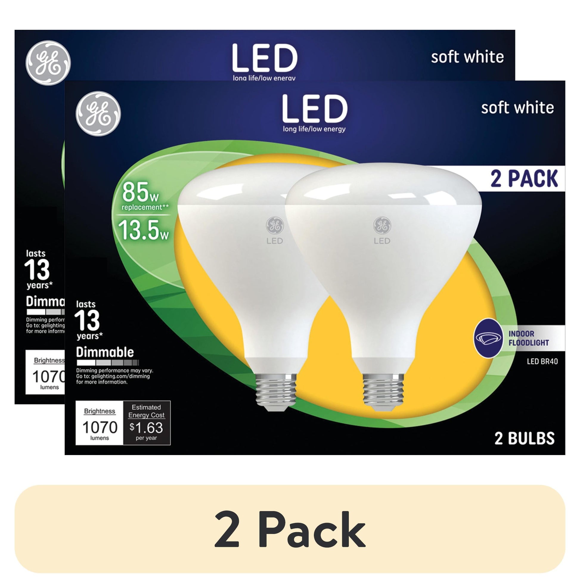 (2 pack) GE LED Light Bulbs, 85 Watt, Soft White, BR40 Floodlights, Medium Base, Frosted Finish, 13yr, 2pk