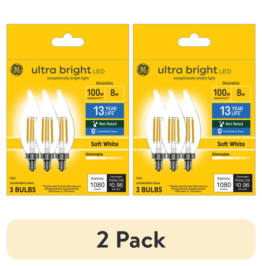 GE Ultra Bright LED Light Bulbs, 100 Watt, Soft White, CA12 Small Base, Clear Finish, 3pk