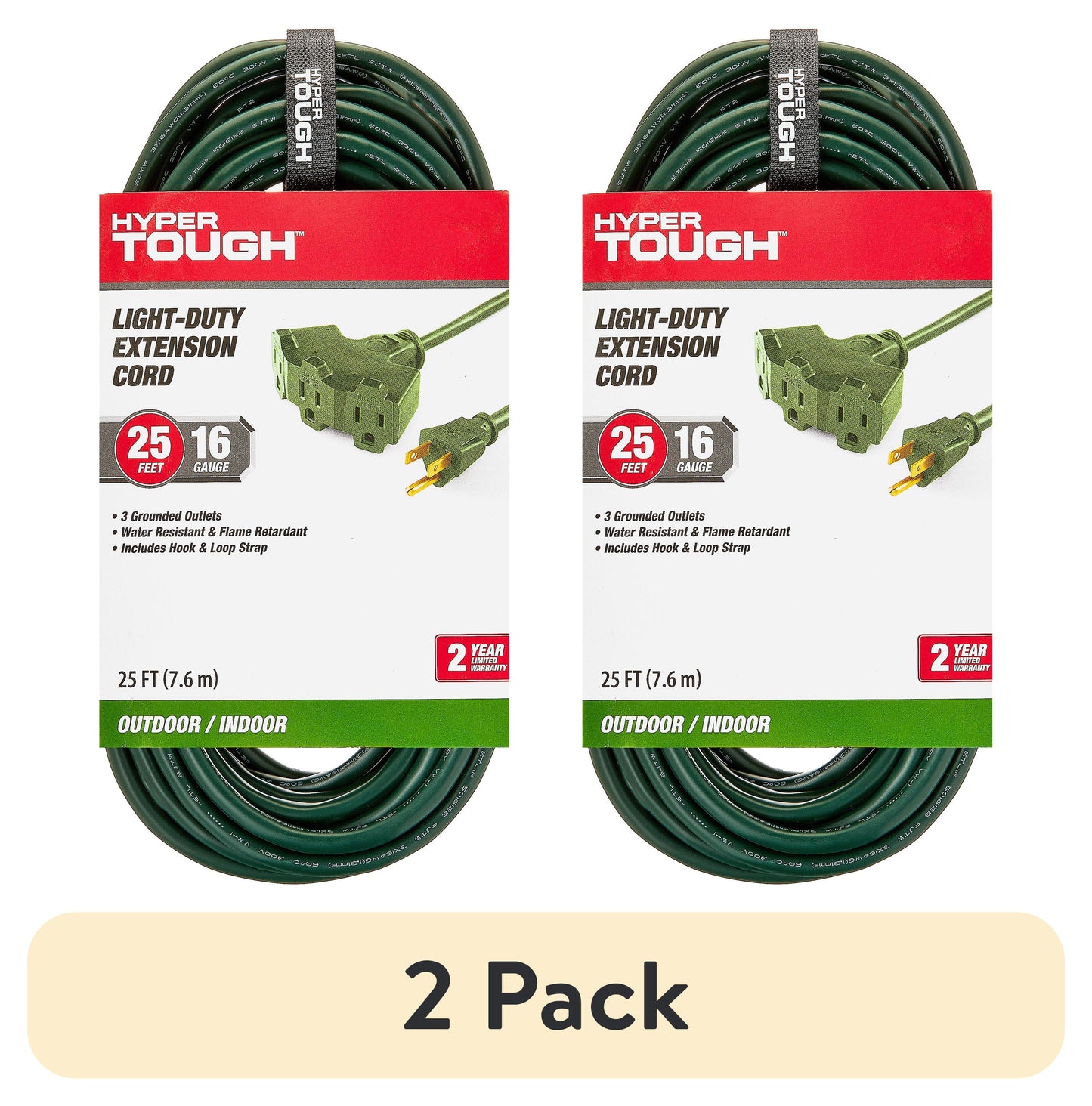 (2 pack) Hyper Tough 25FT 16AWG Green 3 Prong Triple Outlet Outdoor Extension Cord, 13 Amps