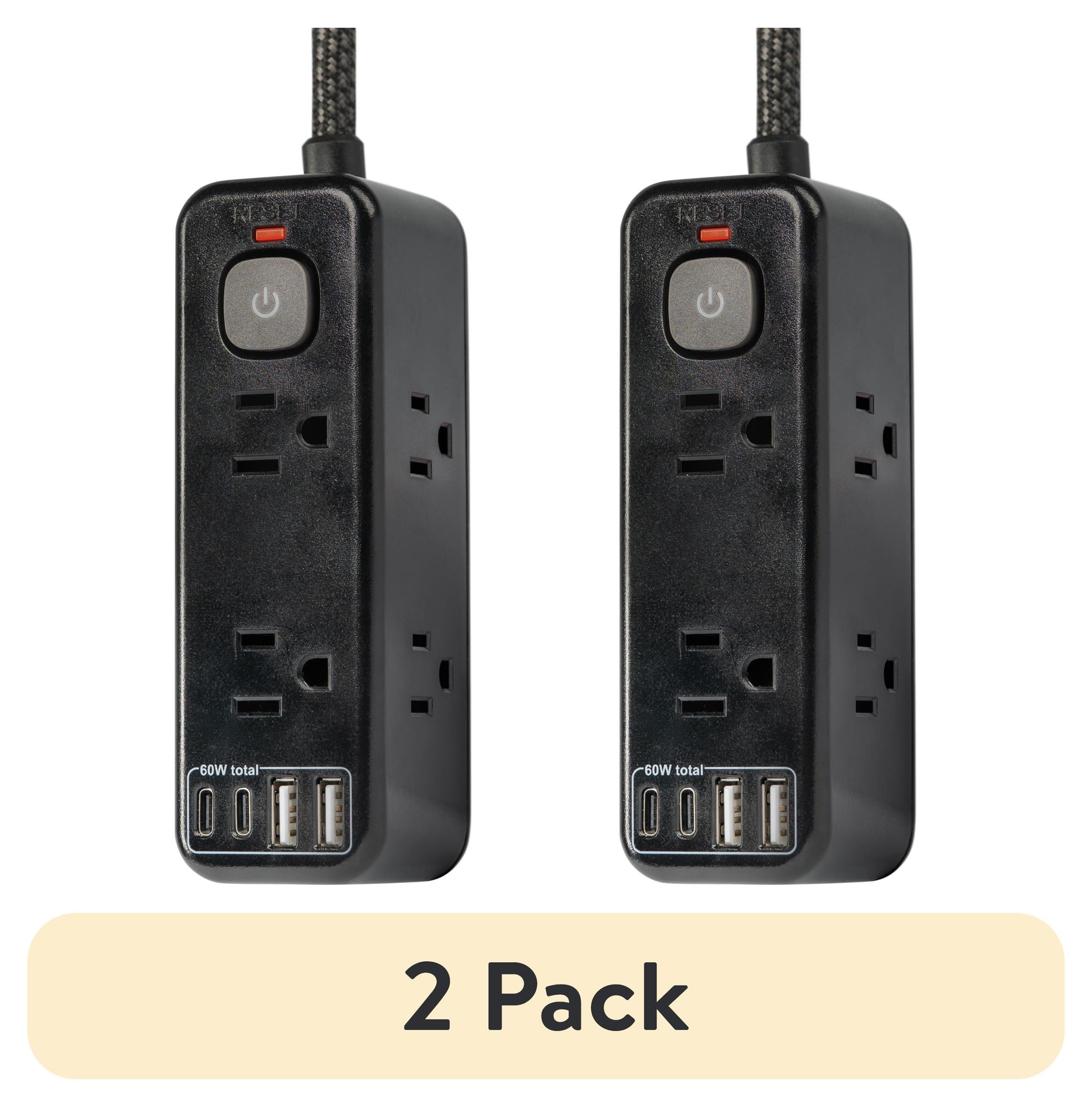(2 pack) Hyper Tough 6ft Extension Cord Power Strip with 6 Outlets, USB-A & USB-C, 900J Surge Protector, Black