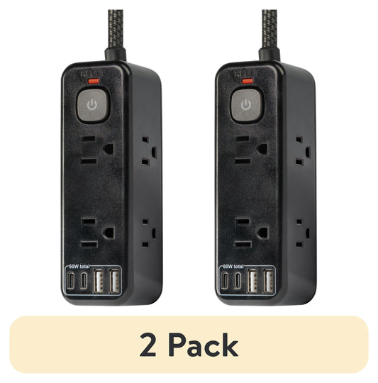 (2 pack) Hyper Tough 6ft Extension Cord Power Strip with 6 Outlets, USB-A & USB-C, 900J Surge Protector, Black