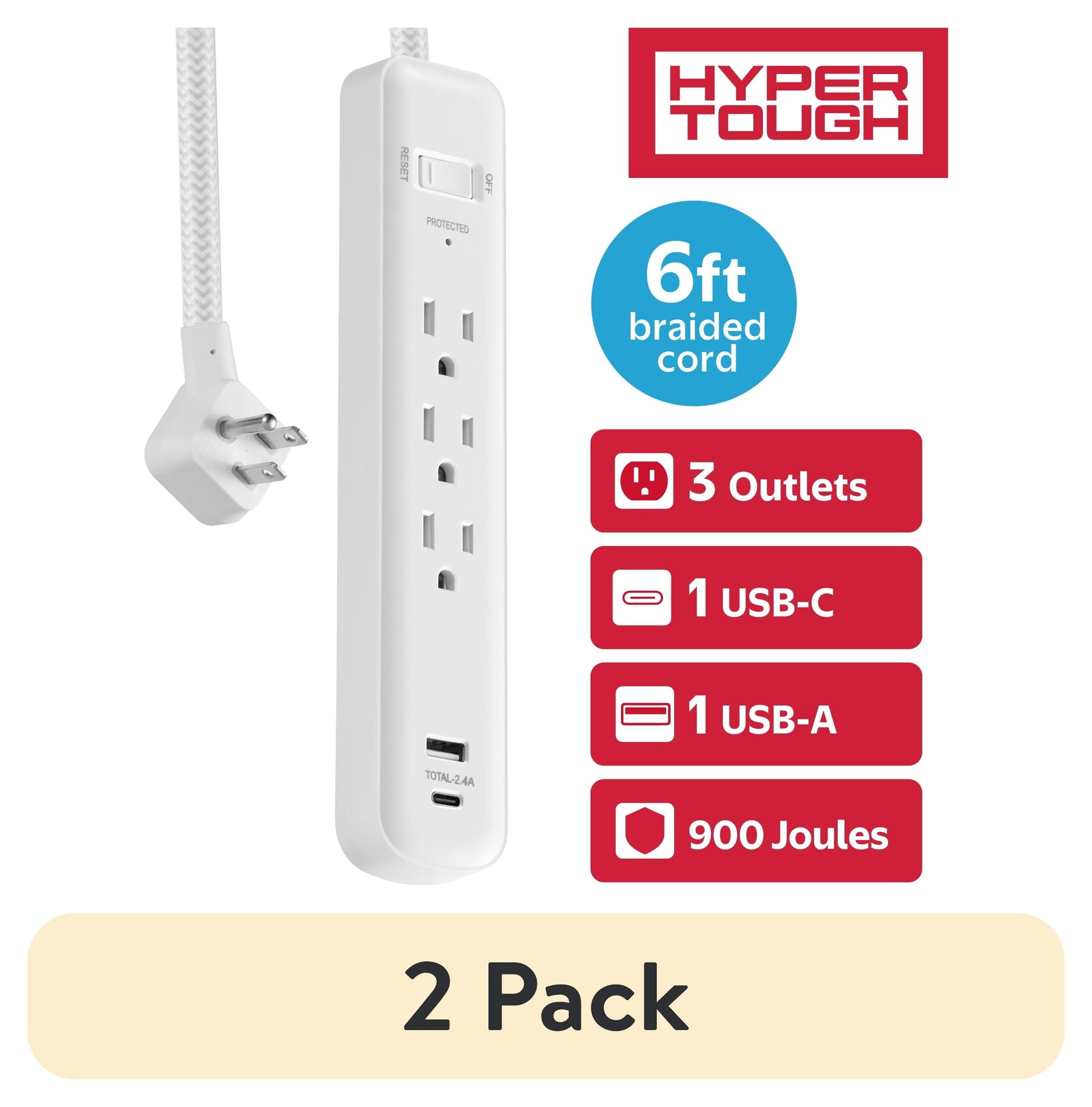 (2 pack) Hyper Tough Surge Protector Power Strip with USB-A & USB-C, 3 Outlets, 6 ft Extension Cord, White