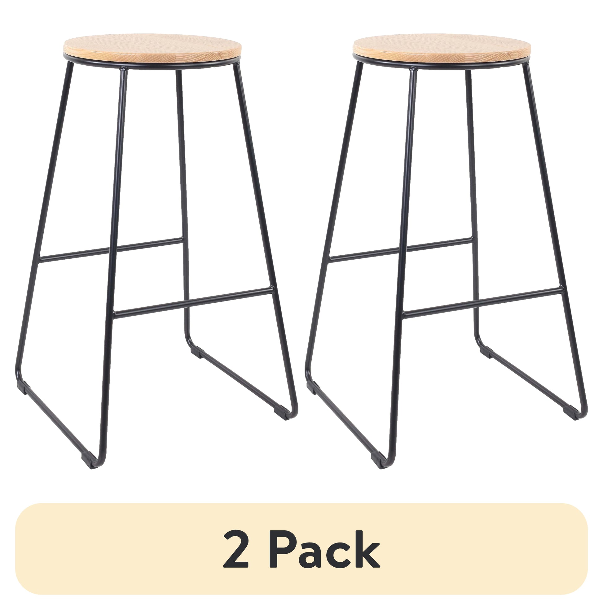 (2 pack) Mainstays 28"H Backless Stool Black Metal Base with Natural Wood Seat