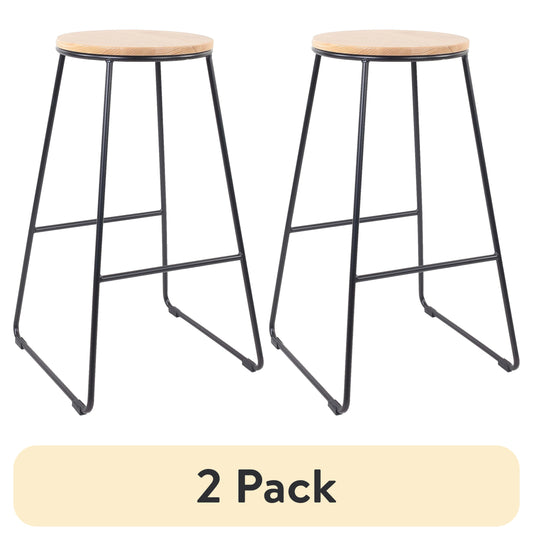 (2 pack) Mainstays 28"H Backless Stool Black Metal Base with Natural Wood Seat
