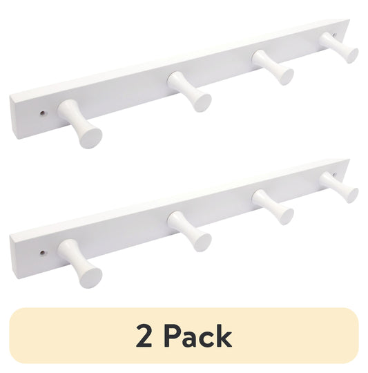 (2 pack) Mainstays Wall Mounted 18 in. Pure White Wood Hook Rail, 4 Hooks