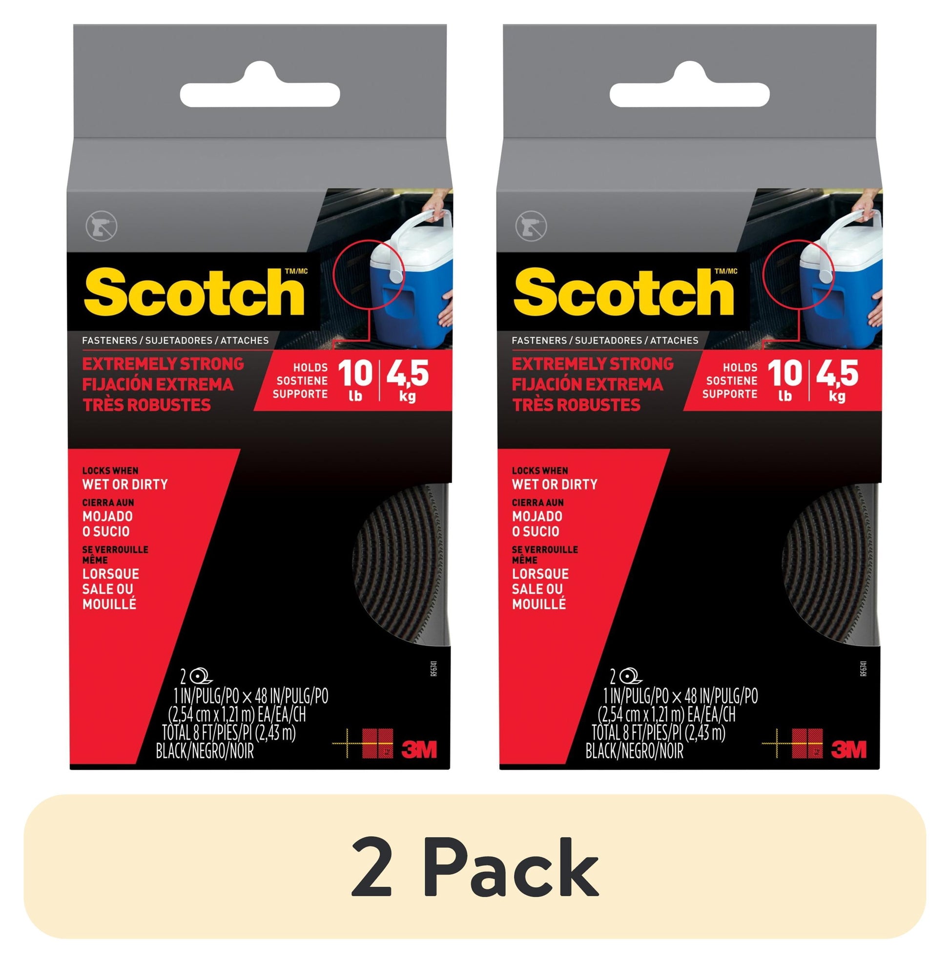 (2 pack) Scotch Extreme Black Hook & Loop Fasteners, Use Anywhere, 10 lbs, 1 in x 4 ft, 2 Count