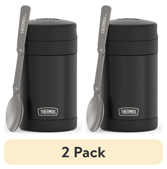 (2 pack) Thermos 16oz Vacuum Insulated Food Jar with Full Size Spoon, Black, Ideal Use for Workday Meals and Travel, Made for Portable Food Storage