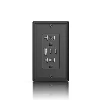 USB Outlet Receptacle, 20 Amp Duplex Tamper-Resistant Plug, Black Modern Wall Socket with 3 USB Ports, 30W 6.0A, ETL & FCC Listed, Wall Plate Included, 1 Pack