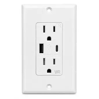 20A USB Outlet with USB-A & USB-C Ports, Tamper & Weather Resistant Duplex Receptacle, Child-Safe in-Wall Charger, Wall Plate Included, UL Listed, White
